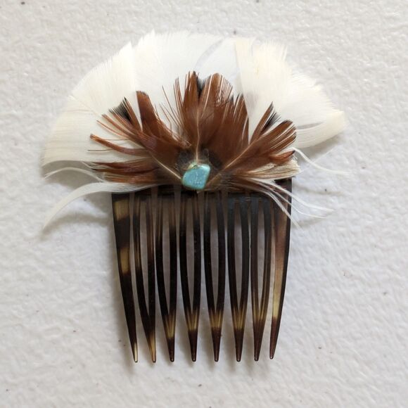 Set of Two Vintage Hair Combs with Feathers and Turquoise Southwest Handcrafted - Picture 3 of 5